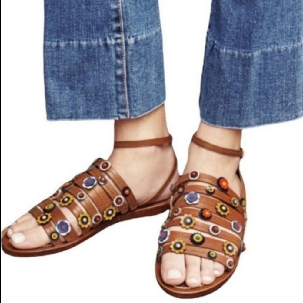 Tory Burch Marguerite floral and beaded strappy tan flat sandal women's size 6.5
